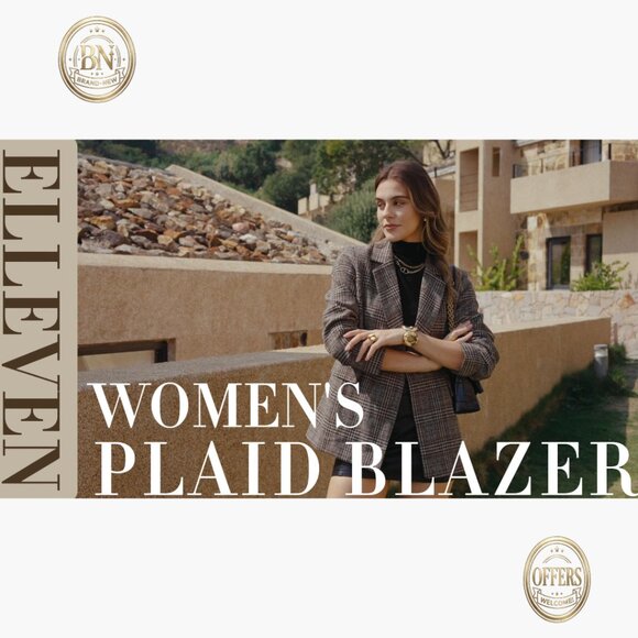 Polyester Tweed Blazer, Double-Breasted Suit Jacket with Pockets - Picture 7 of 7